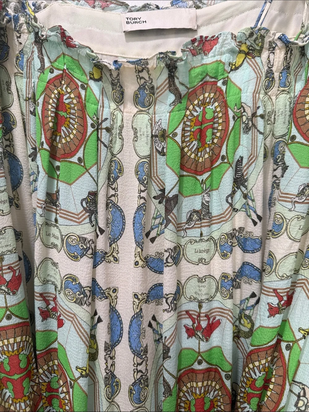 Tory Burch Green Cream silk carousel logo Dress 14 $698